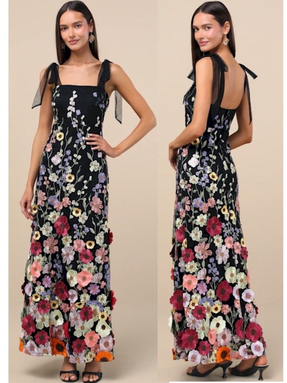 Lulus Thriving Poise Black 3D Floral Embroidered Tie-Strap Maxi Dress XS New NWT